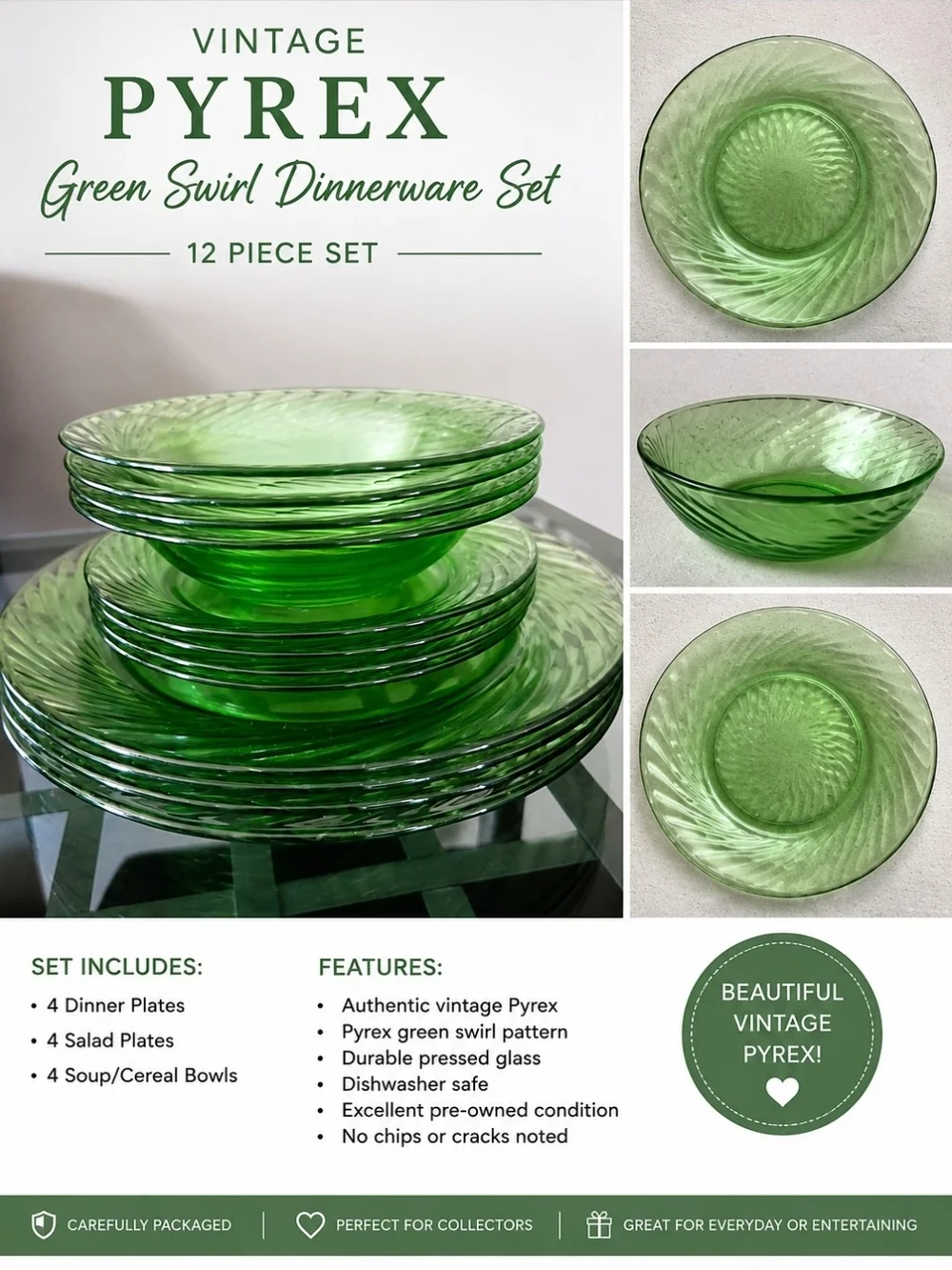 Vintage Pyrex Green Swirl Glass Dinnerware Set 12 Pieces 4 Dinner 4 Salad 4 Bowl